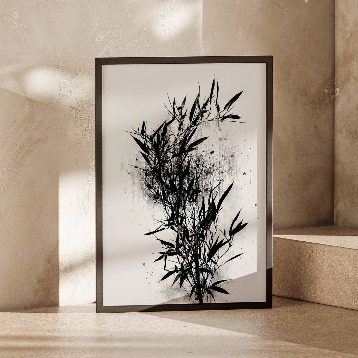 Bamboo Ink Wash Poster, Black White Japanese Botanical Wall Art Print, Zen Decor