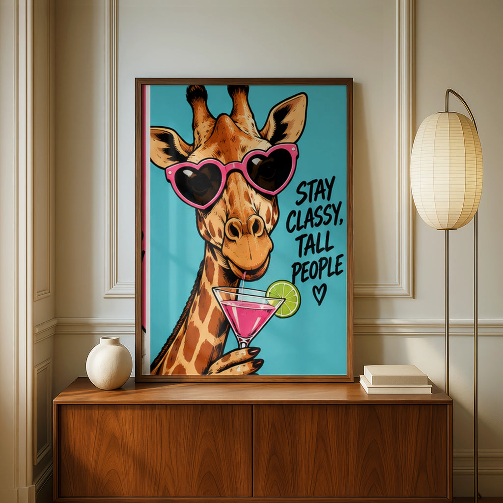 Stay Classy Tall People Giraffe Poster, Funny Animal Wall Art, Pink Cocktail Print