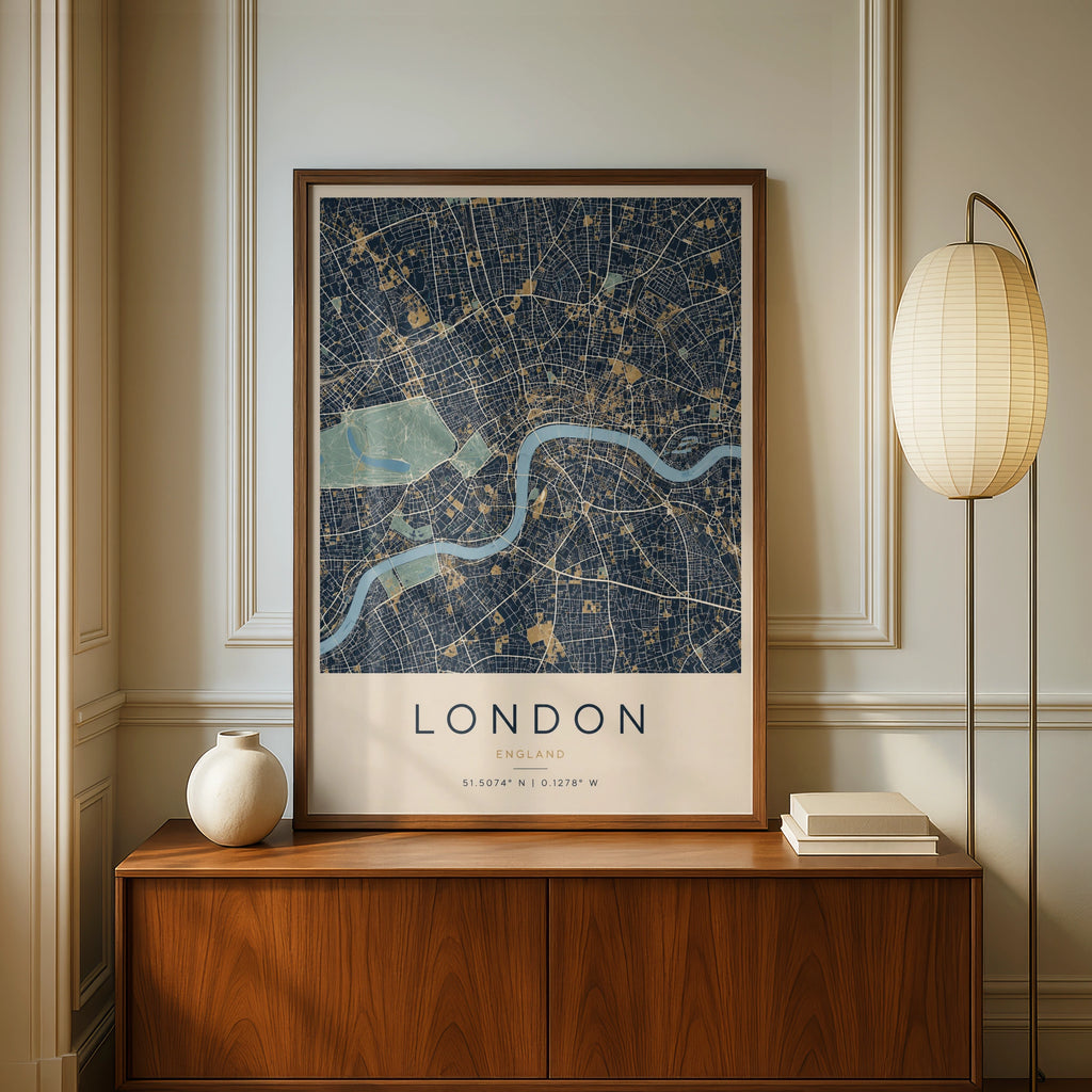 London City Map Poster, Navy Blue Gold Wall Art, River Thames Print, England Gift
