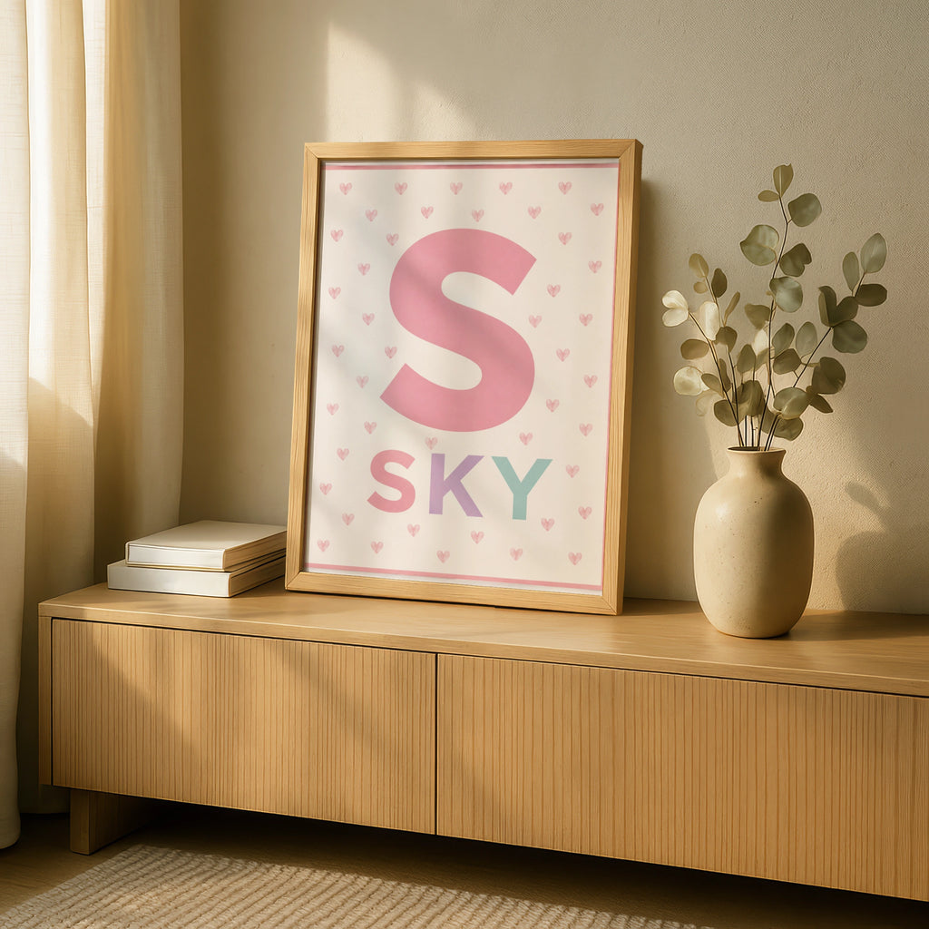 Personalized Name Print, Letter  Poster, Girls Nursery Wall Art, Pink Heart Personalised Baby Gift