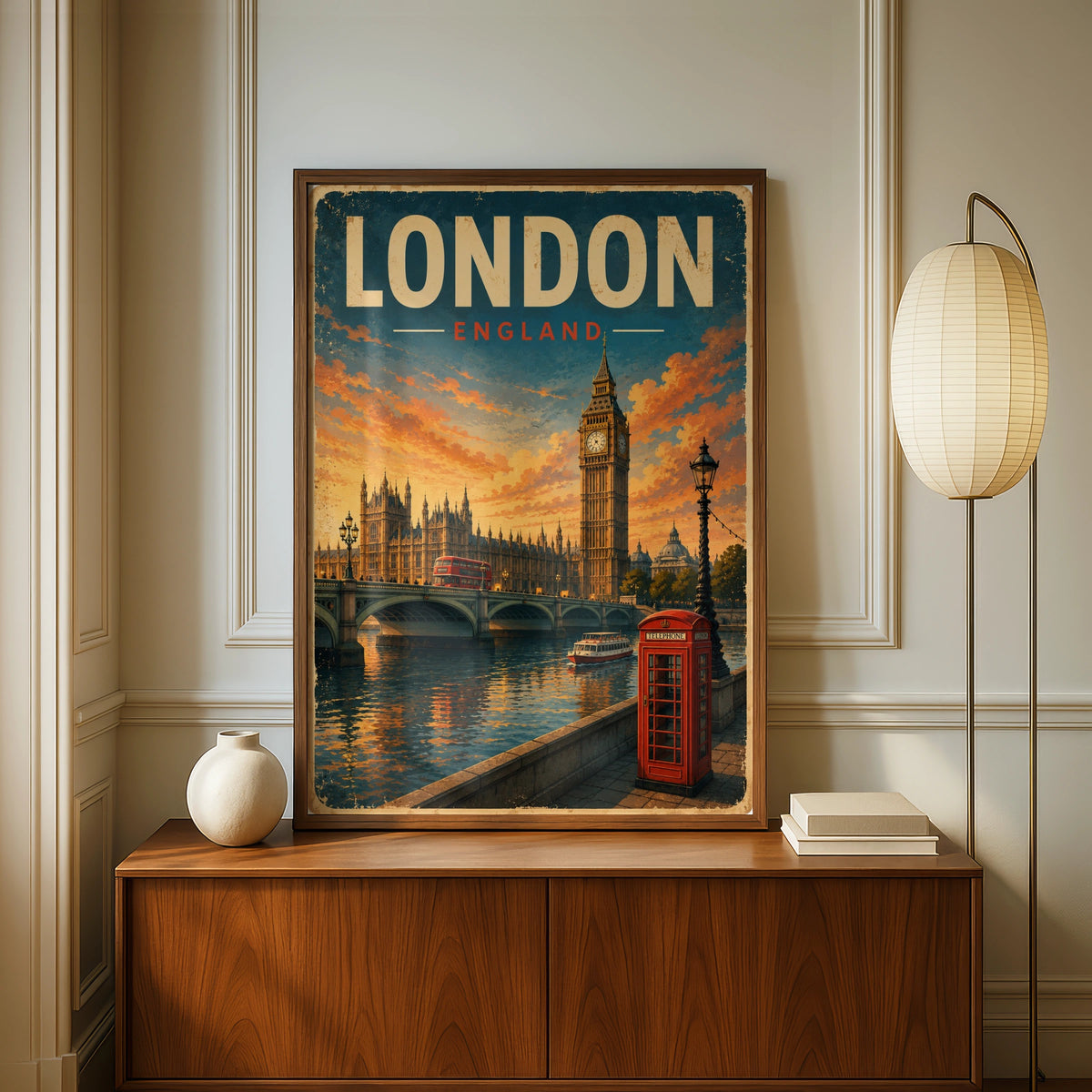 London England Vintage Travel Poster, Big Ben Red Phone Box Wall Art Print