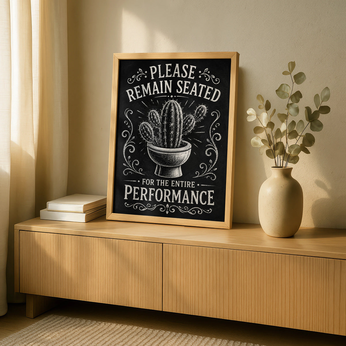 Funny Bathroom Cactus Poster, Please Remain Seated, Black White Toilet Wall Art