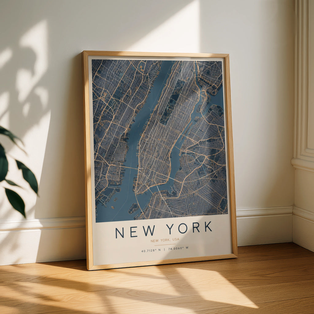New York City Map Poster, Navy Blue Gold Manhattan Street Map, NYC Wall Art Print