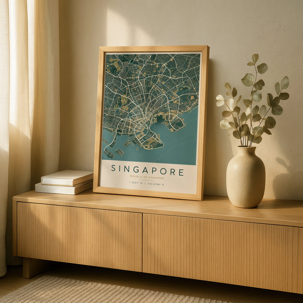 Singapore Map Poster, City Street Map Print, Teal Gold Wall Art, Southeast Asia Decor