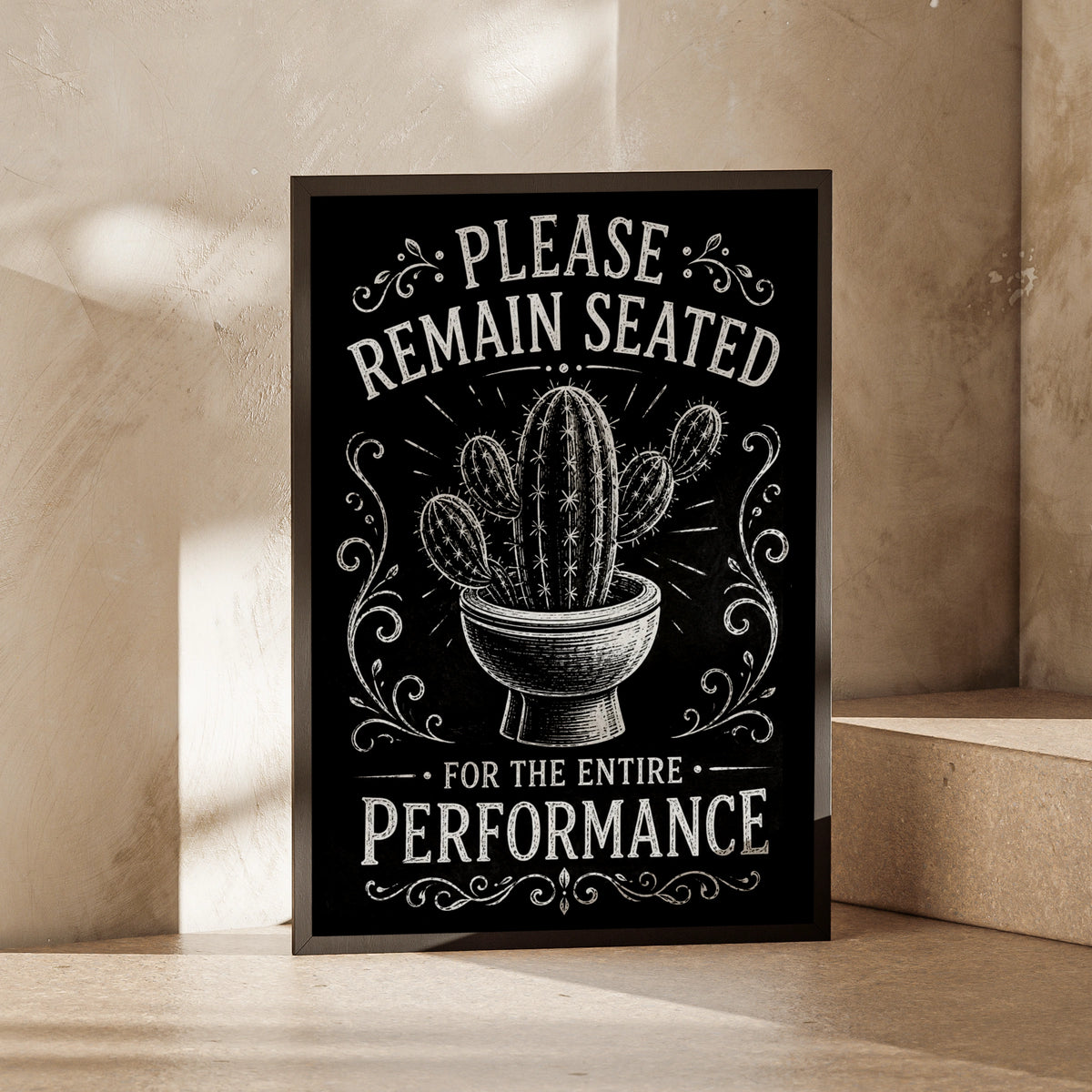 Funny Bathroom Cactus Poster, Please Remain Seated, Black White Toilet Wall Art