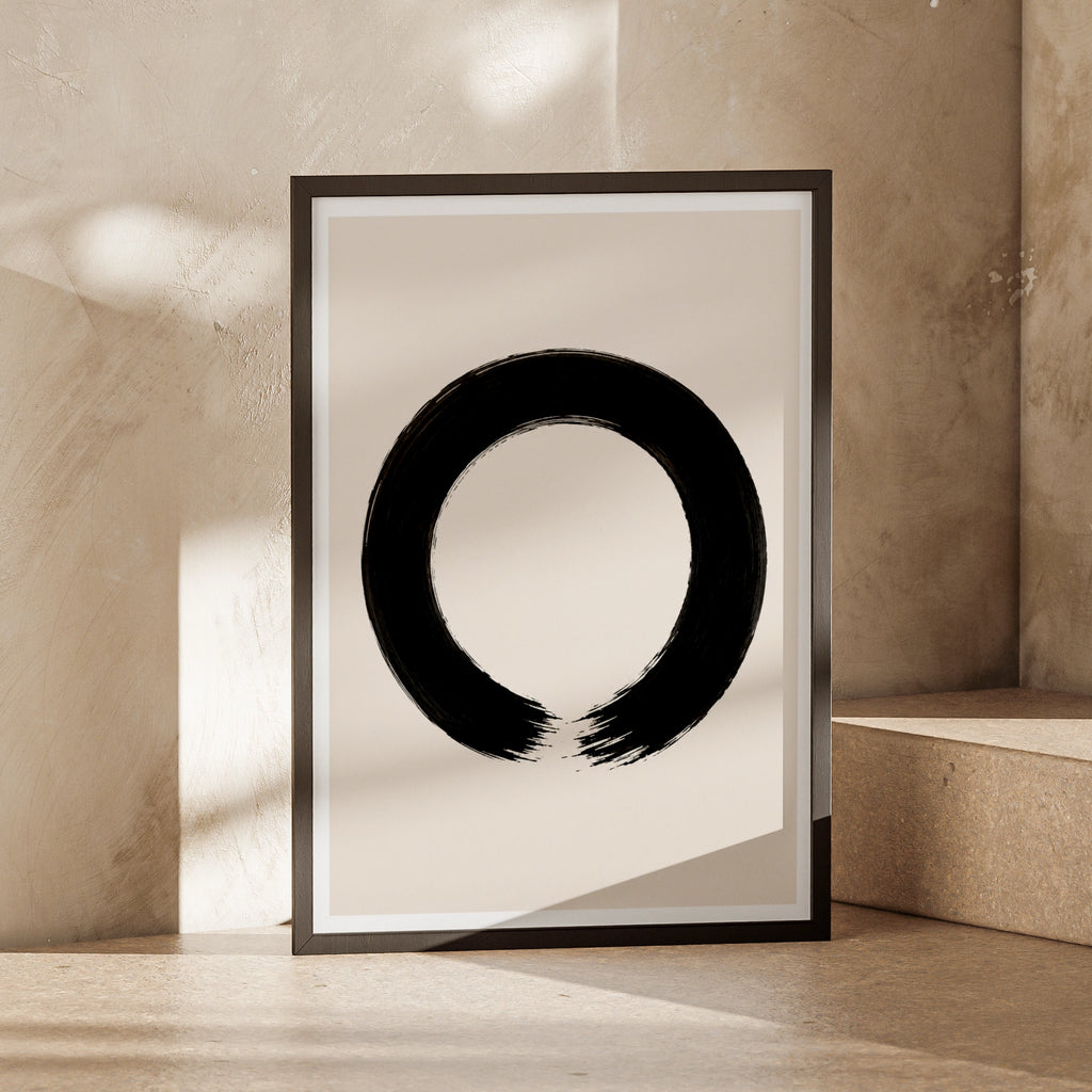 Enso Circle Poster, Zen Brush Stroke Wall Art, Black Cream Minimalist Print