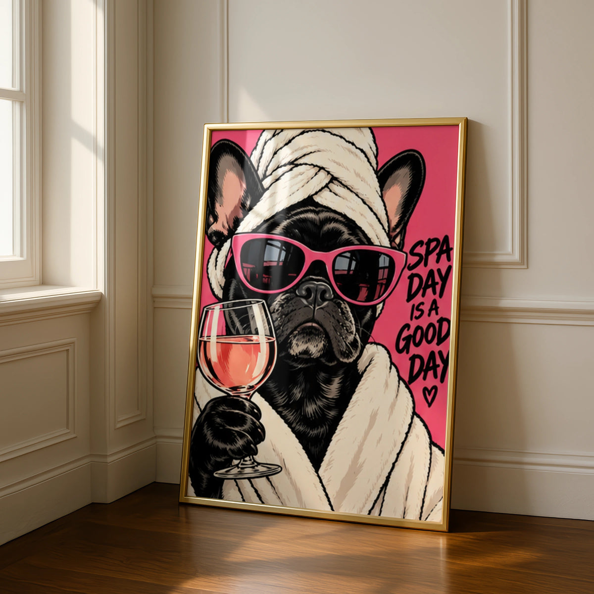 Spa Day Is A Good Day French Bulldog Poster, Funny Dog Wall Art, Pink Bathroom Print
