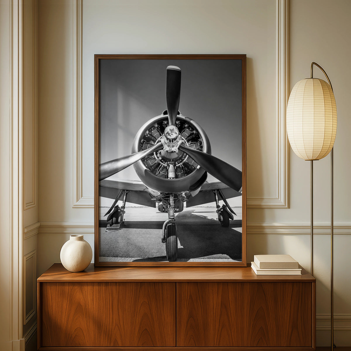 Vintage Propeller Aeroplane Black White Poster, Radial Engine Aircraft Wall Art Print
