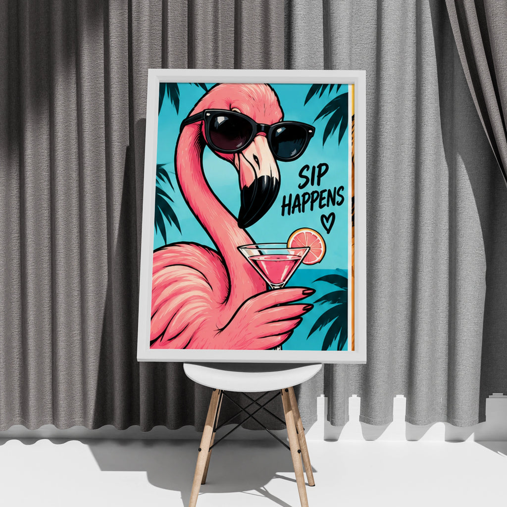 Sip Happens Flamingo Poster, Funny Cocktail Wall Art, Pink Tropical Bar Print