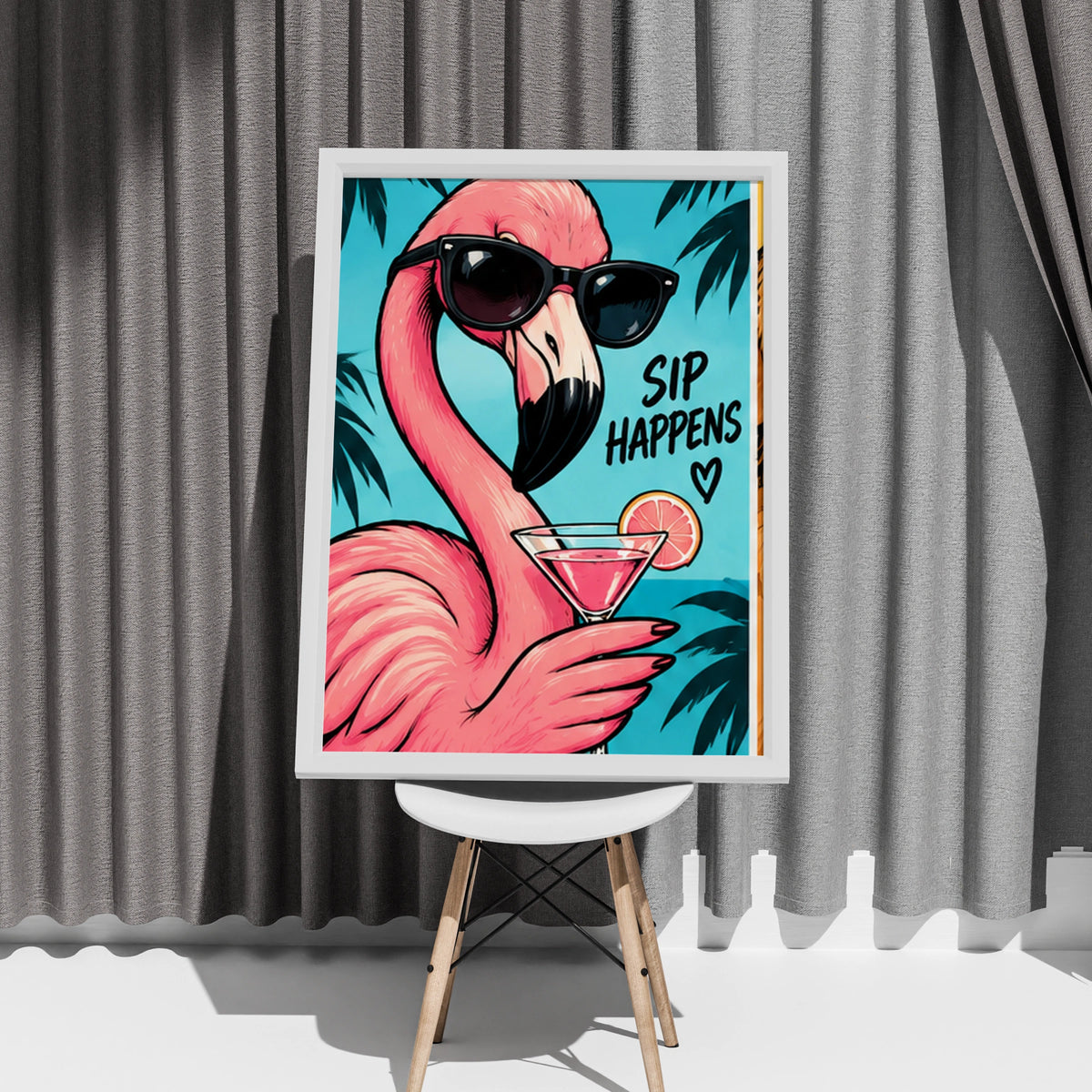 Sip Happens Flamingo Poster, Funny Cocktail Wall Art, Pink Tropical Bar Print