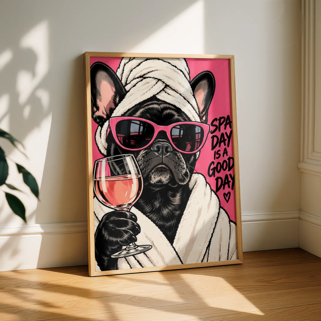 Spa Day Is A Good Day French Bulldog Poster, Funny Dog Wall Art, Pink Bathroom Print