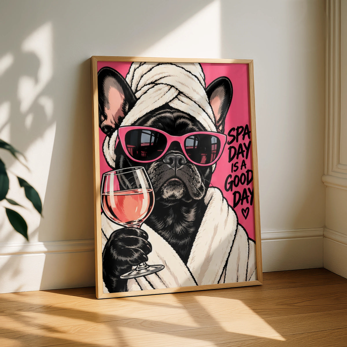 Spa Day Is A Good Day French Bulldog Poster, Funny Dog Wall Art, Pink Bathroom Print