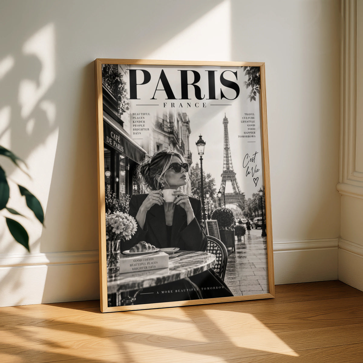 Paris France Magazine Style Poster, Eiffel Tower Wall Art, Black White Cafe Print