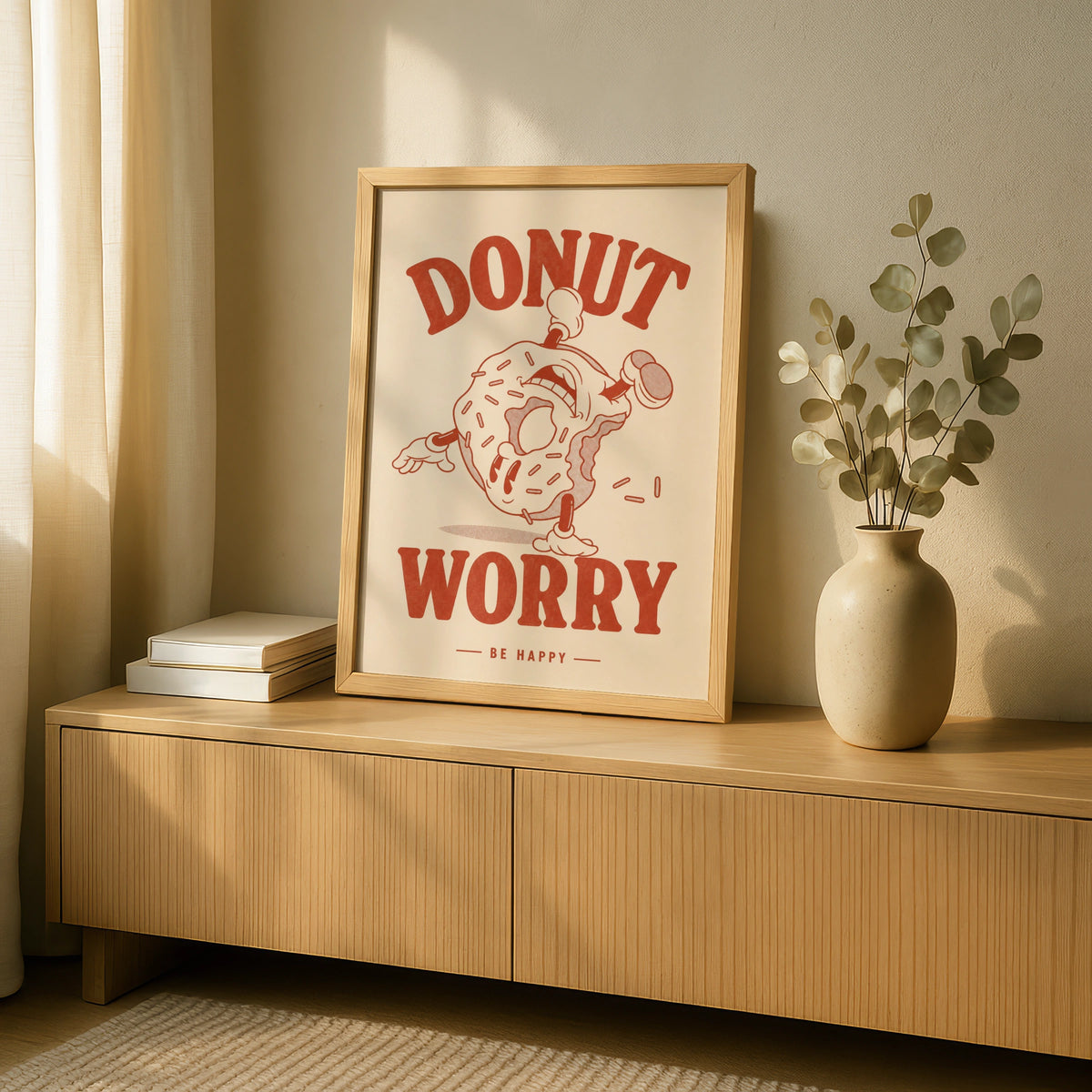Donut Worry Be Happy Poster, Retro Food Wall Art, Funny Kitchen Print, Red Cream