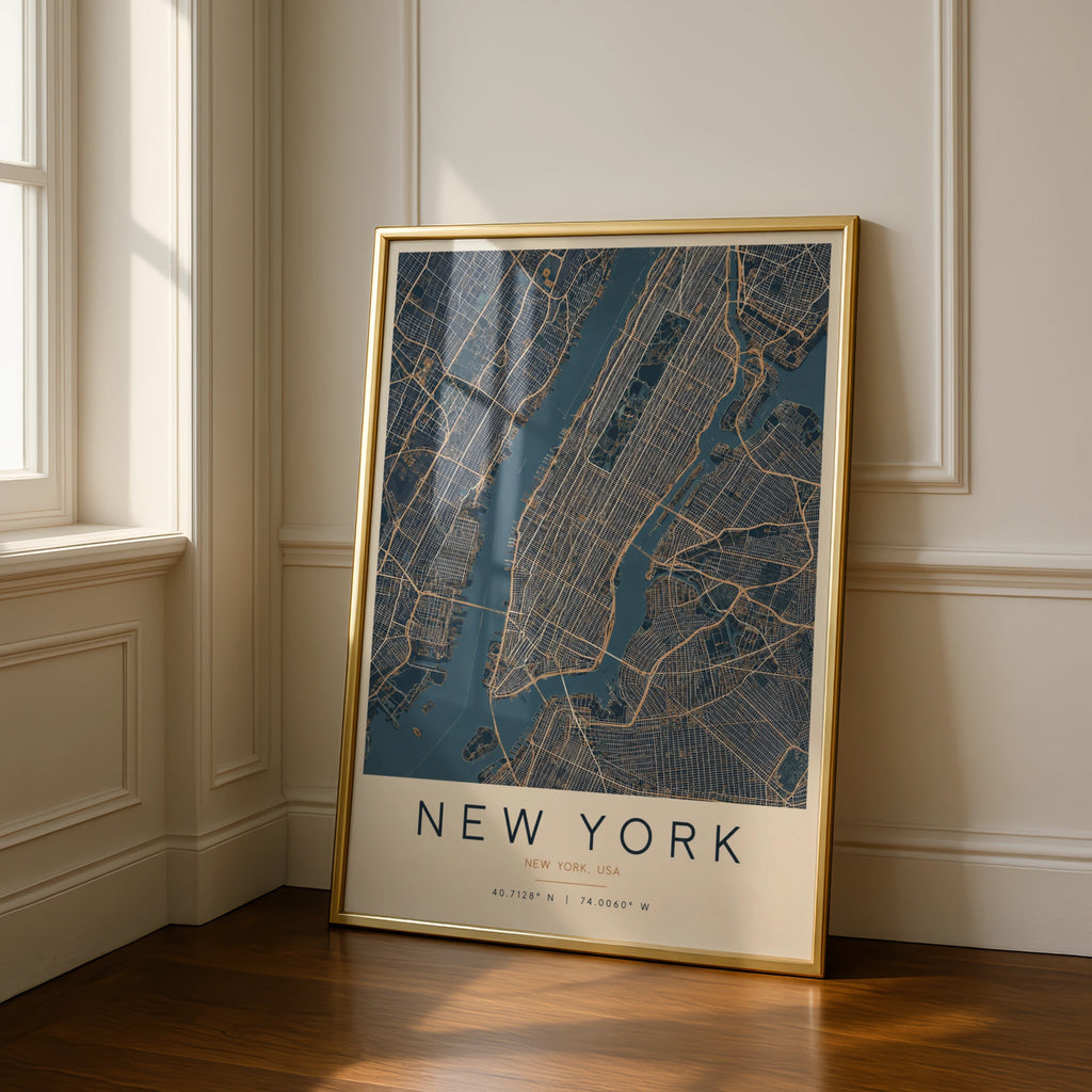New York City Map Poster, Navy Blue Gold Manhattan Street Map, NYC Wall Art Print
