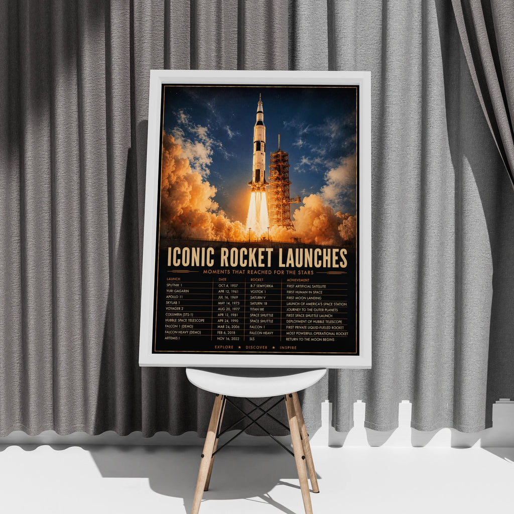 Iconic Rocket Launches Space History Poster, NASA Apollo Saturn V Wall Art Print