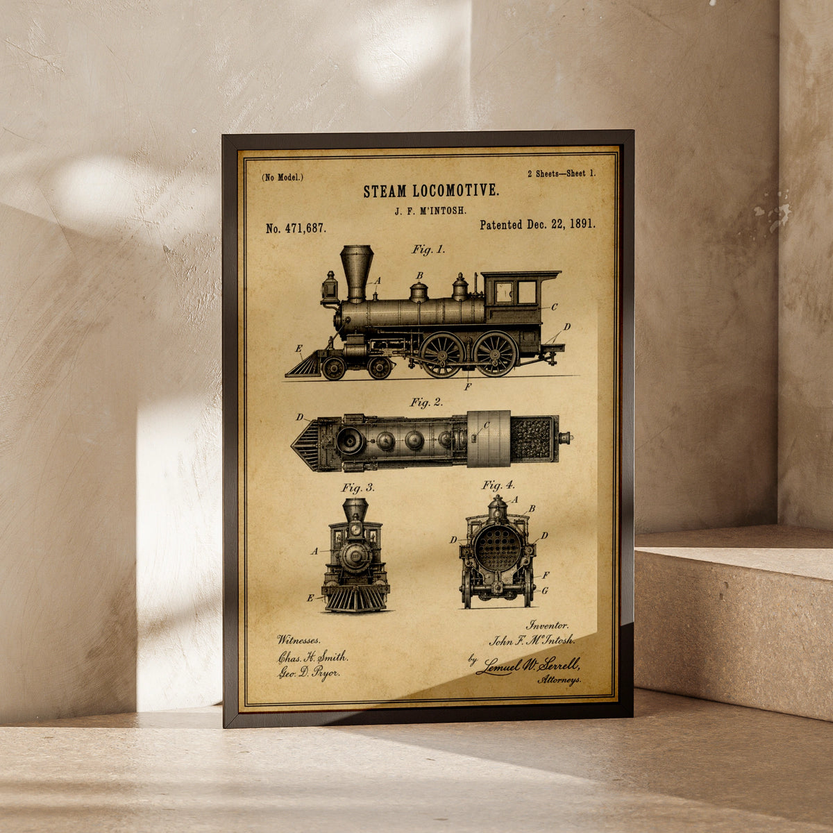 Steam Locomotive Patent Print, Vintage Train Blueprint Poster, Railway Wall Art