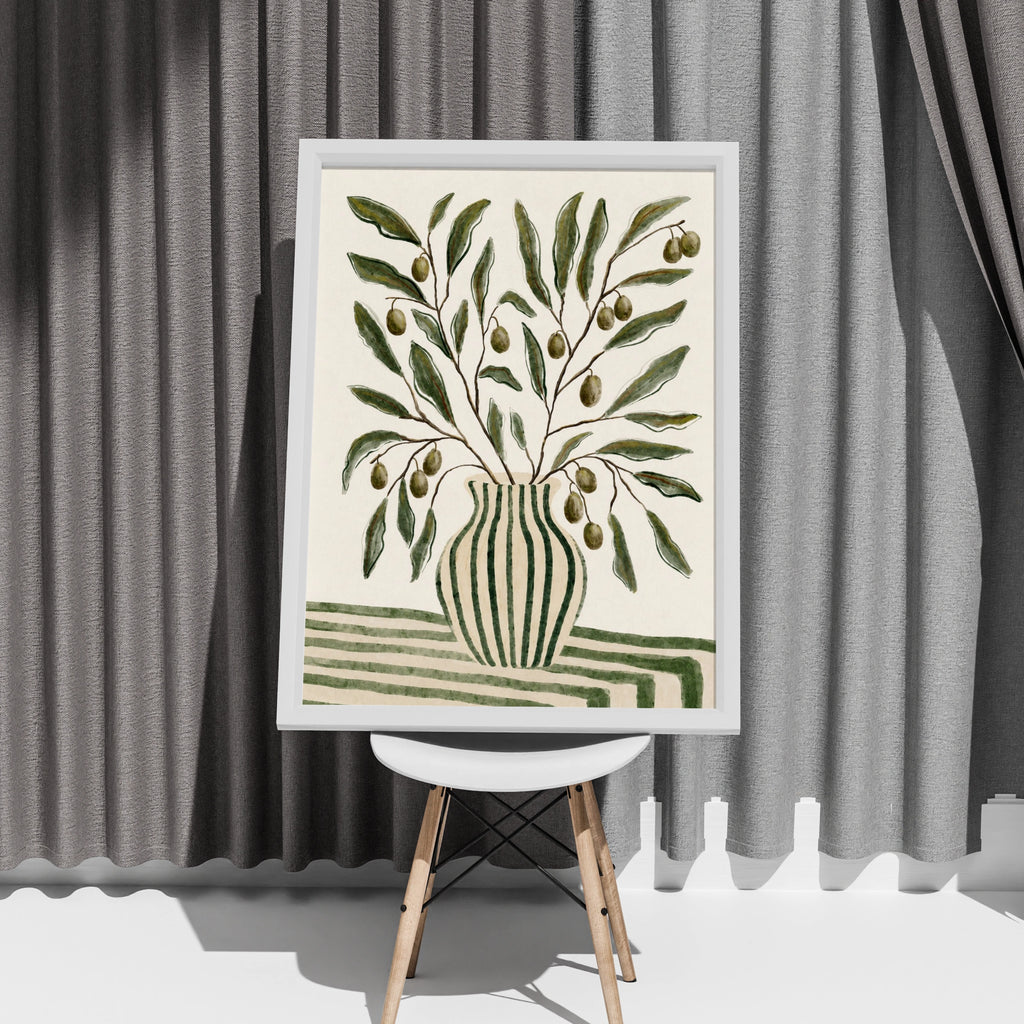 Olive Branch Pot Print, Watercolour Botanical Wall Art, Green Striped Vase Poster