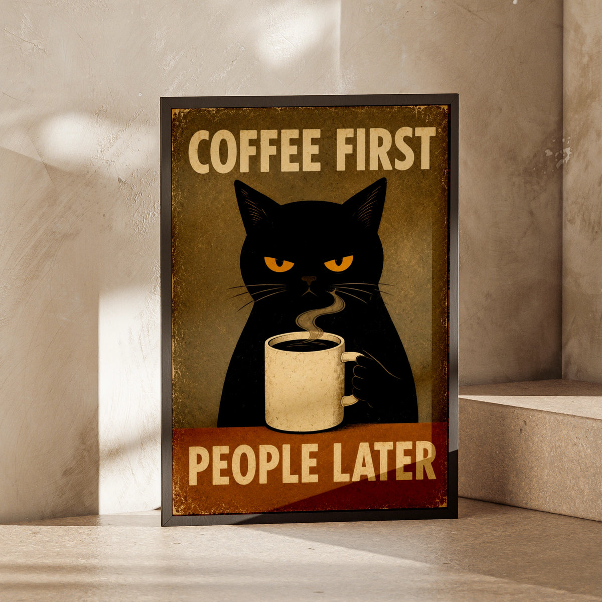 Coffee First People Later Poster, Grumpy Black Cat Retro Wall Art, Funny Kitchen Print