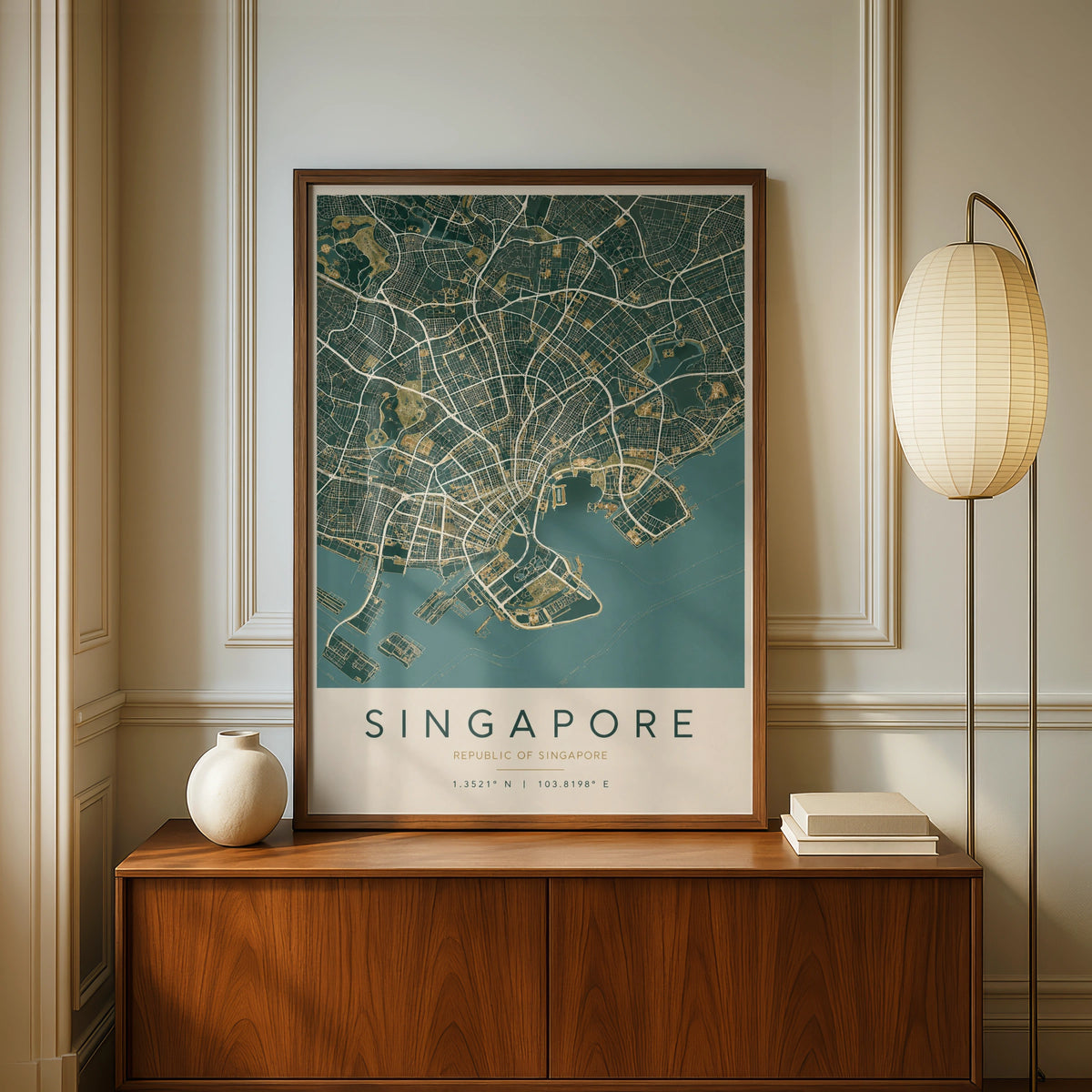 Singapore Map Poster, City Street Map Print, Teal Gold Wall Art, Southeast Asia Decor