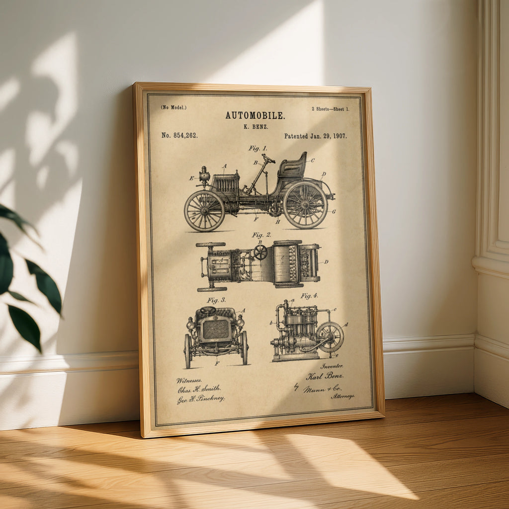 Karl Benz Automobile Patent Print, Vintage Car Poster, 1907 Blueprint Wall Art