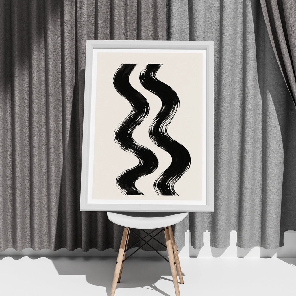 Abstract Swirl Poster, Black Cream Brushstroke Wall Art, Minimalist Wavy Lines Print