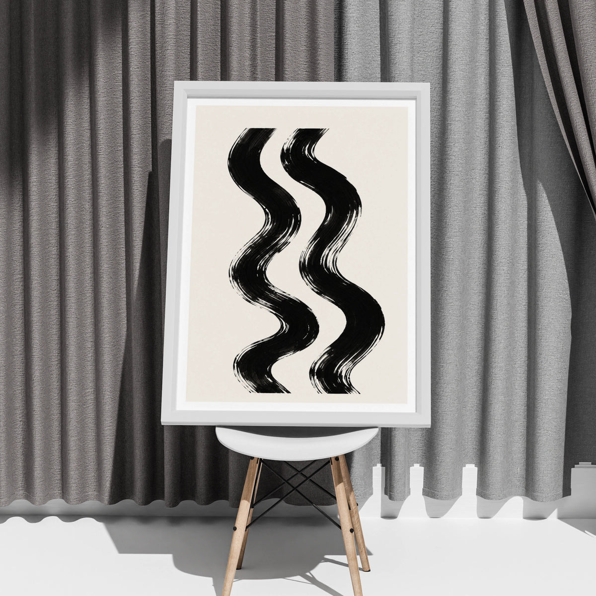 Abstract Swirl Poster, Black Cream Brushstroke Wall Art, Minimalist Wavy Lines Print