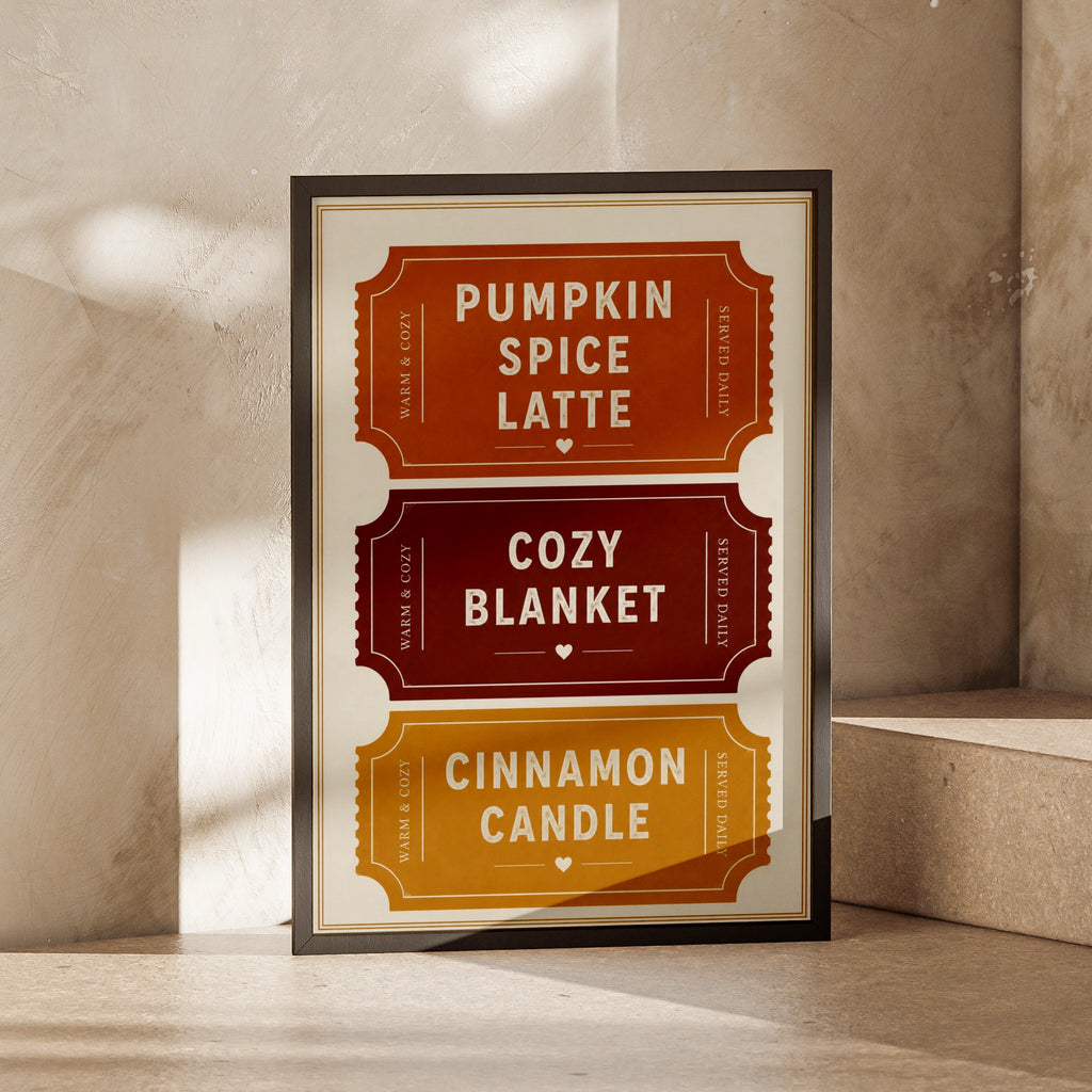 Pumpkin Spice Latte Autumn Ticket Poster, Cozy Fall Wall Art, Warm Burnt Orange Print