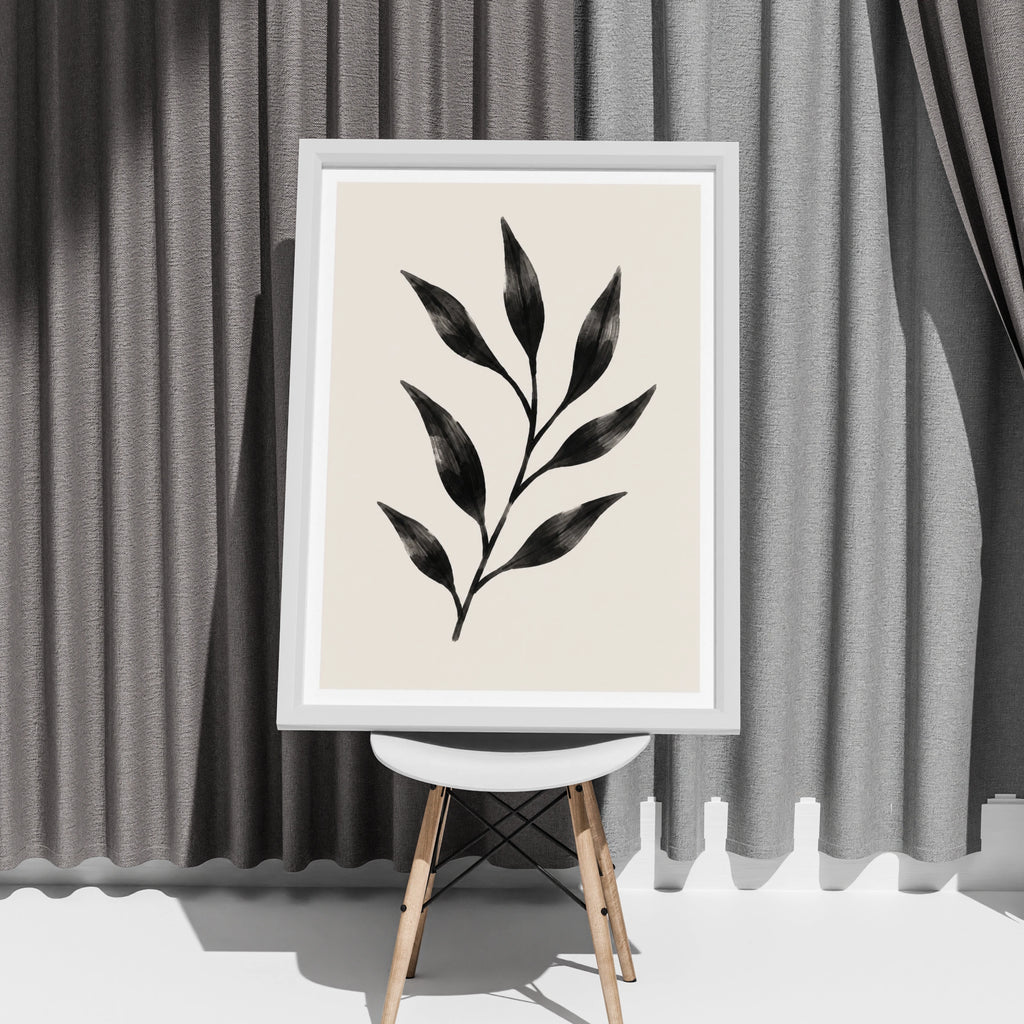 Abstract Leaf Botanical Poster, Black Minimalist Plant Wall Art, Scandi Nature Print