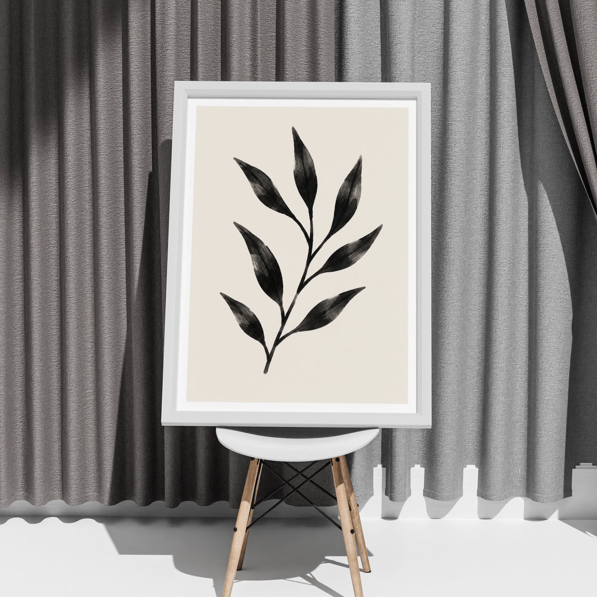 Abstract Leaf Botanical Poster, Black Minimalist Plant Wall Art, Scandi Nature Print