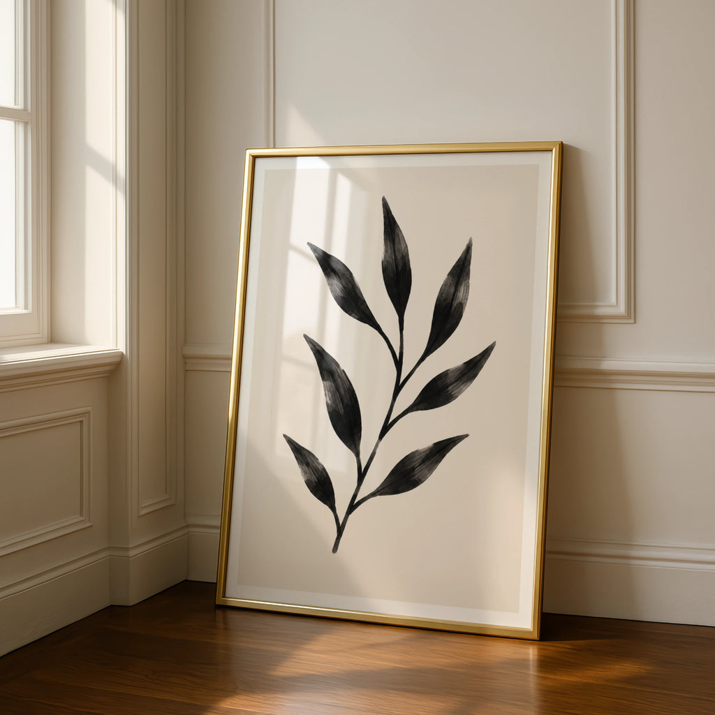 Abstract Leaf Botanical Poster, Black Minimalist Plant Wall Art, Scandi Nature Print