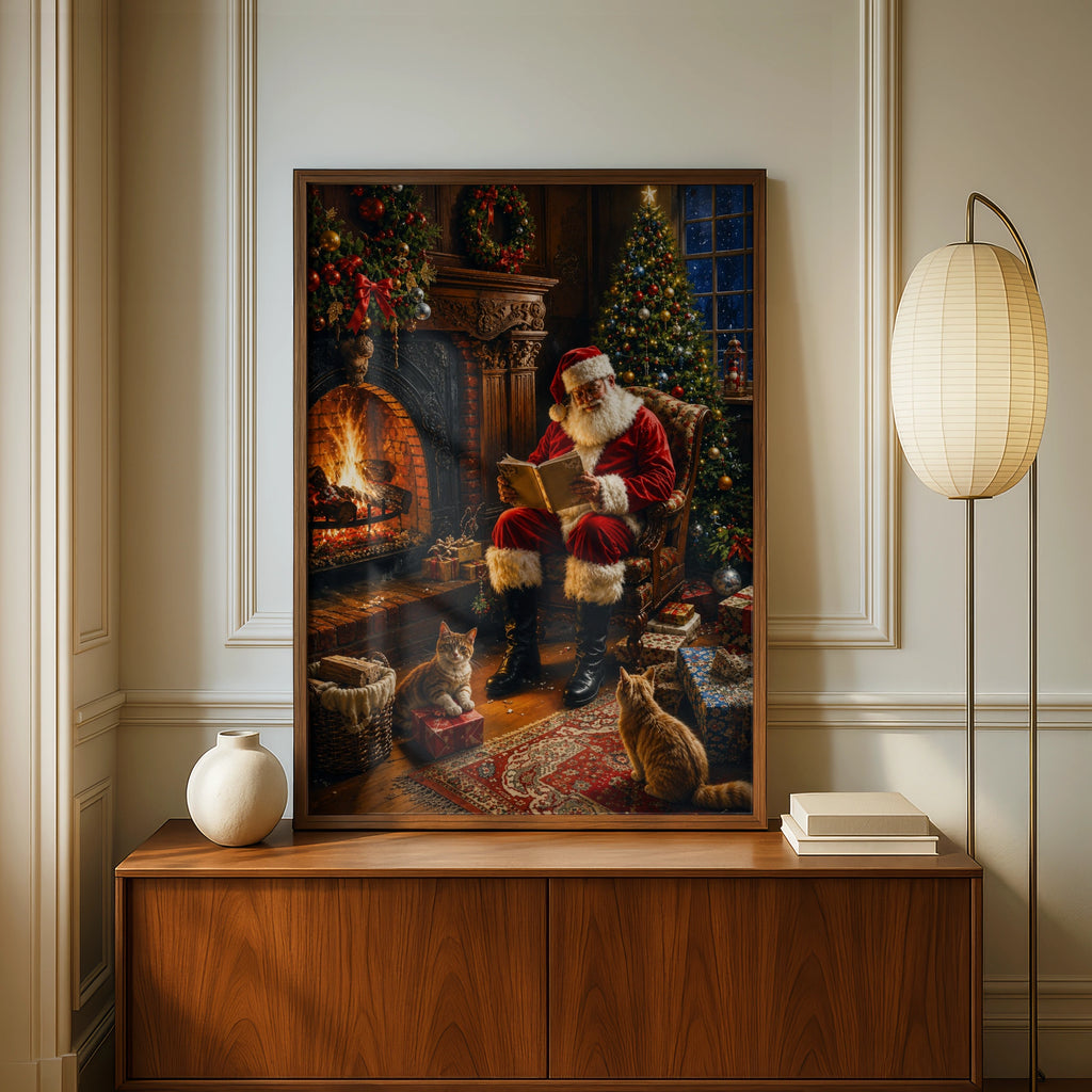 Santa Claus Fireplace Poster, Christmas Wall Art, Cosy Festive Print with Cats