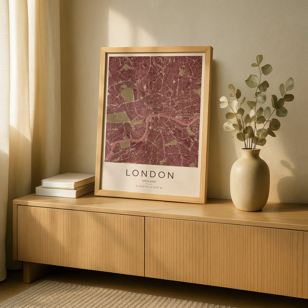 London City Map Poster, England Street Map Print, Burgundy Red Wall Art Gift