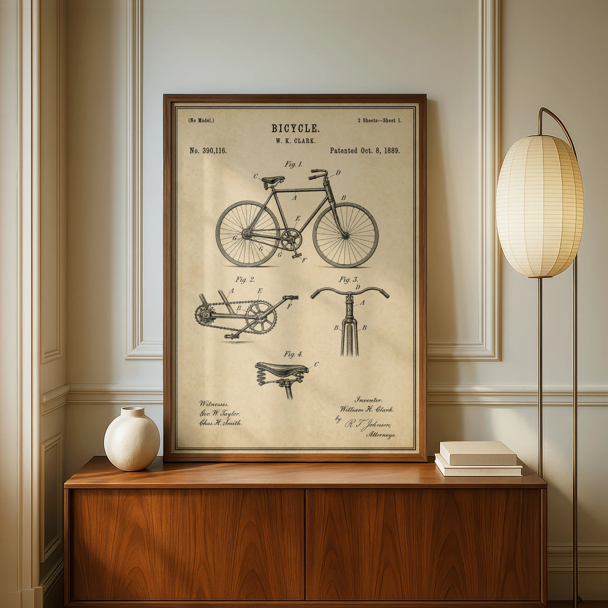 Vintage Bicycle Patent Print, 1889 Antique Bike Diagram, Cycling Wall Art Poster