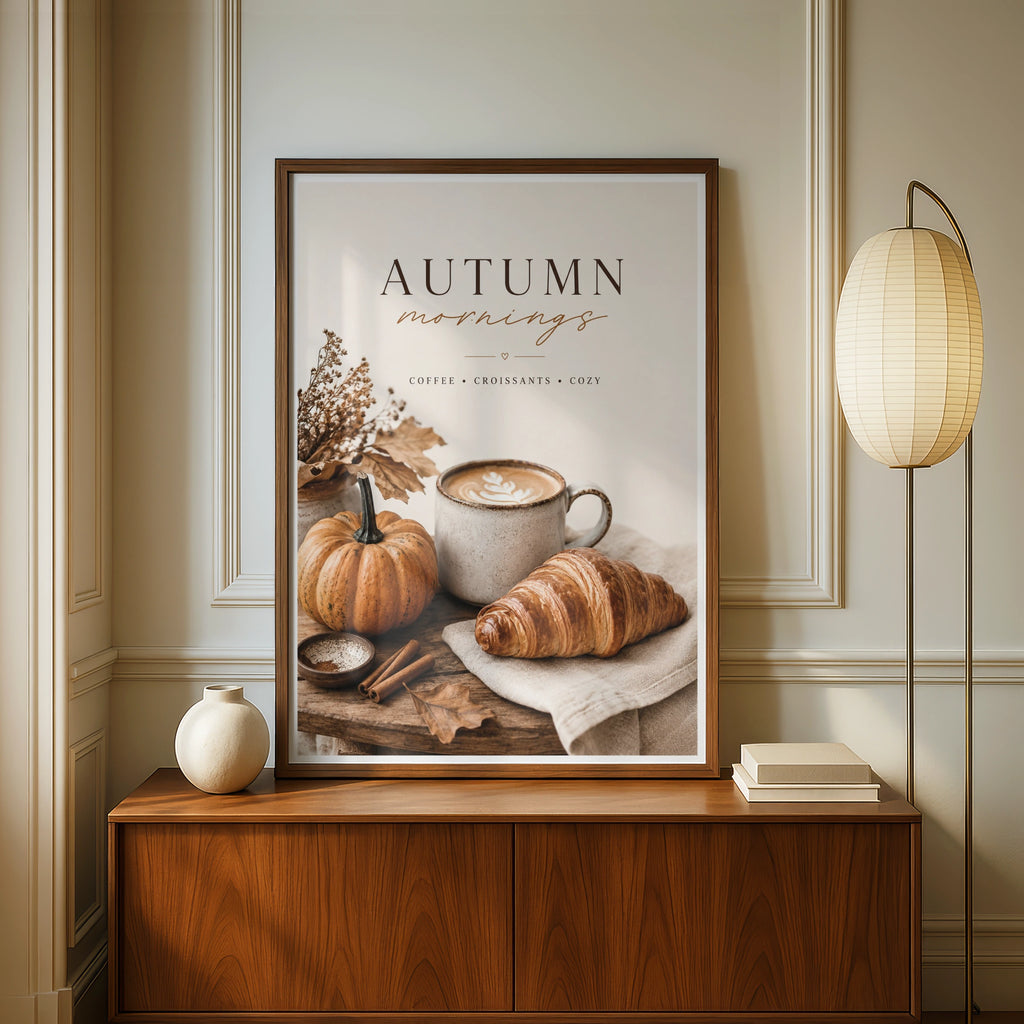 Autumn Mornings Coffee Poster, Cosy Fall Kitchen Wall Art, Pumpkin Croissant Print