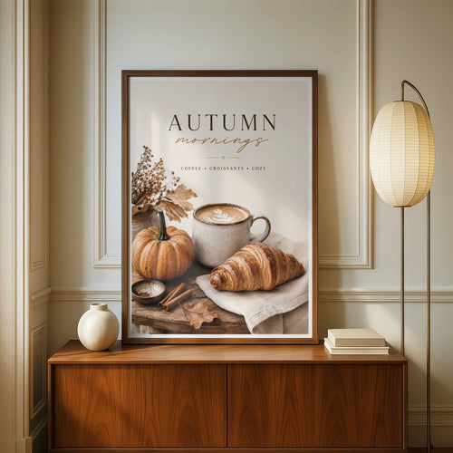 Autumn Mornings Coffee Poster, Cosy Fall Kitchen Wall Art, Pumpkin Croissant Print
