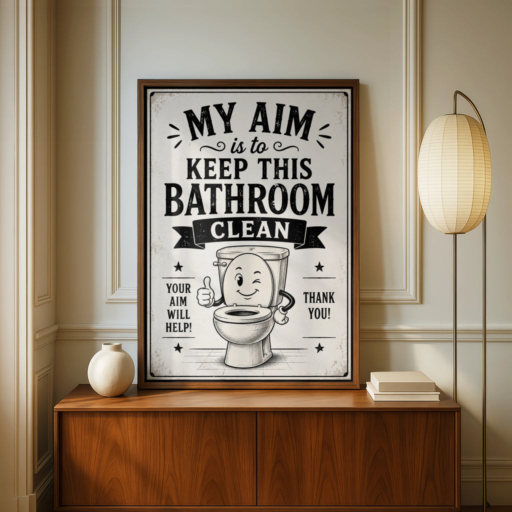 Funny Bathroom Poster, My Aim Is To Keep This Bathroom Clean, Retro Toilet Sign