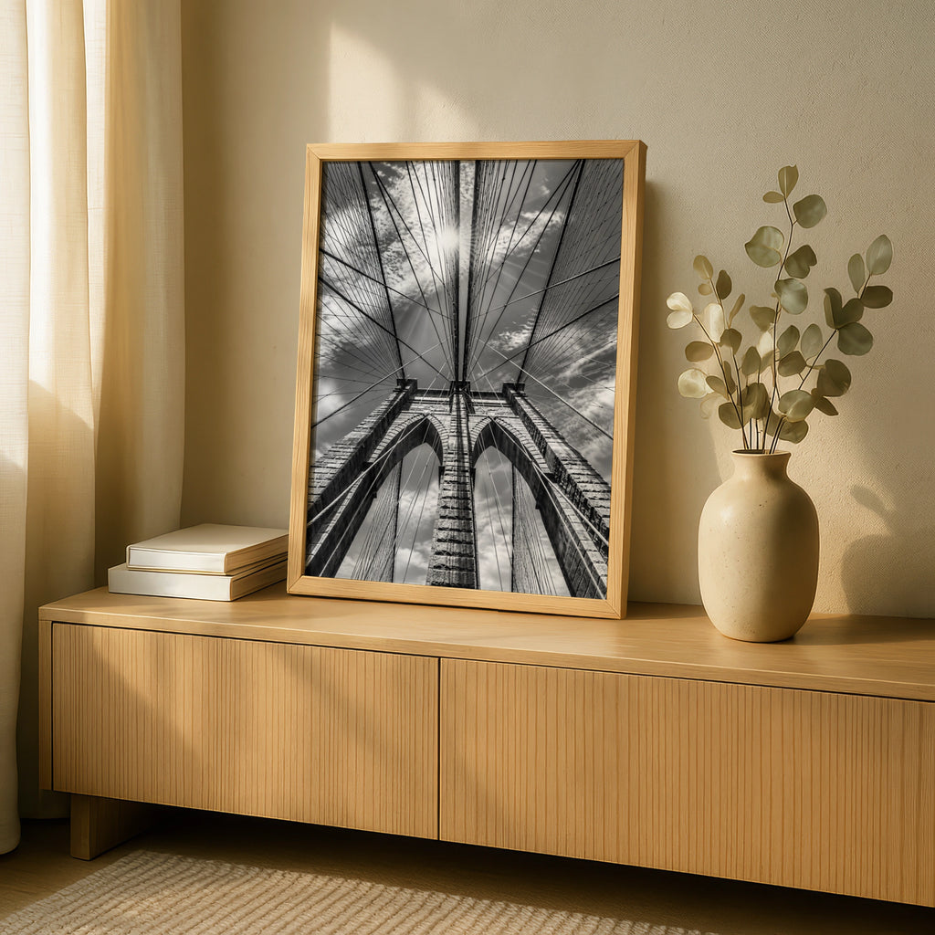 Brooklyn Bridge Black and White Poster, New York Architecture Wall Art Print