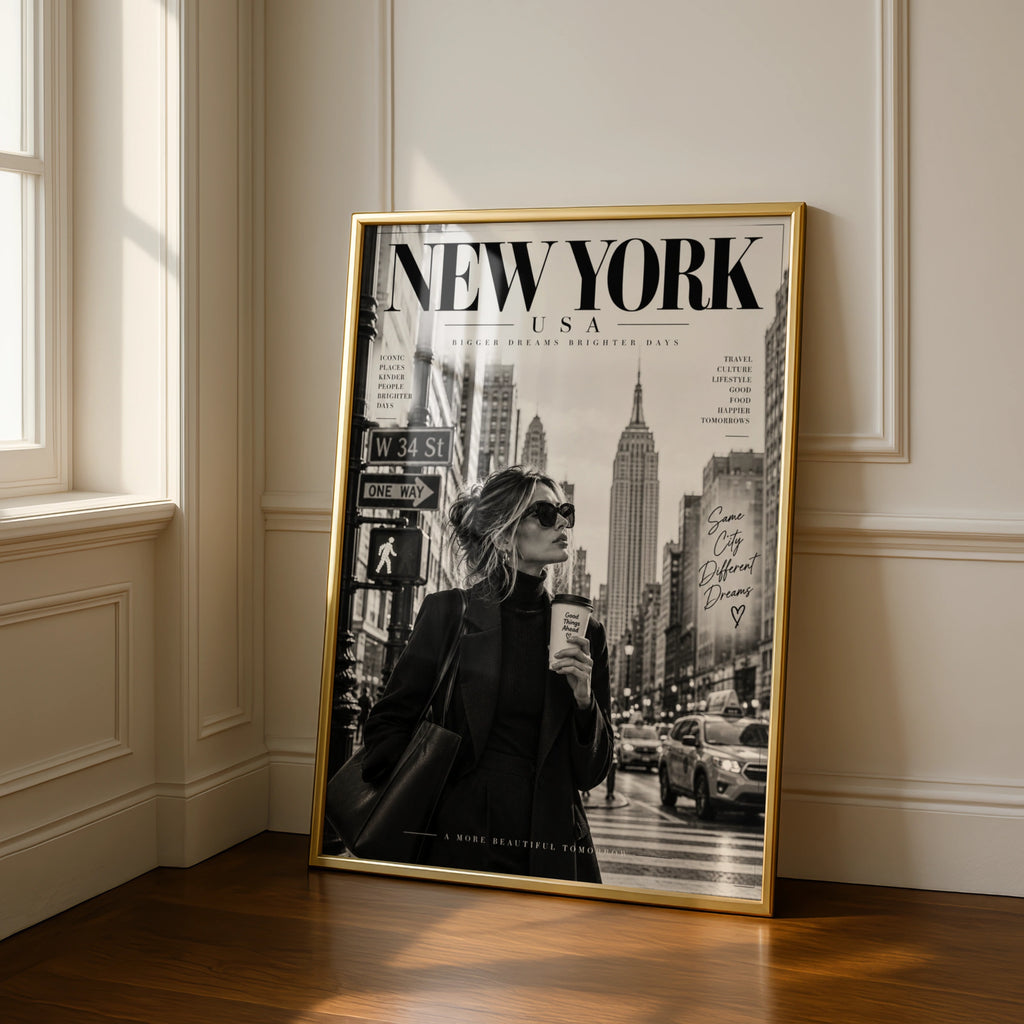New York City Magazine Style Poster, Chic NYC Wall Art, Black White Fashion Print
