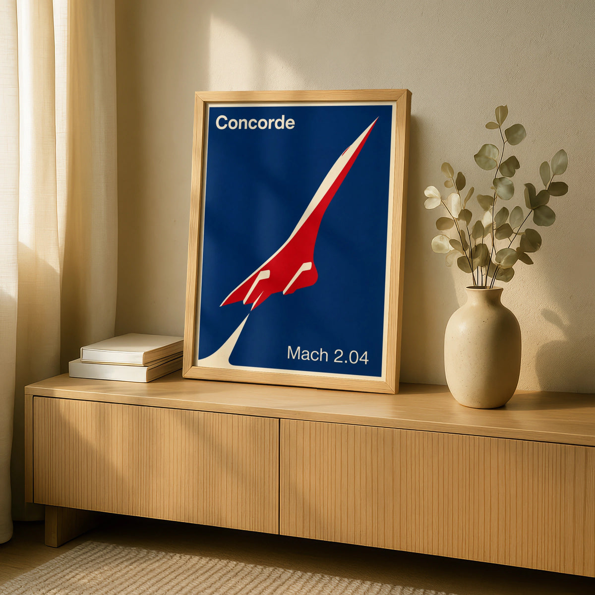 Concorde Poster, Supersonic Jet Aviation Wall Art, Mach 2 Blue Red Retro Print