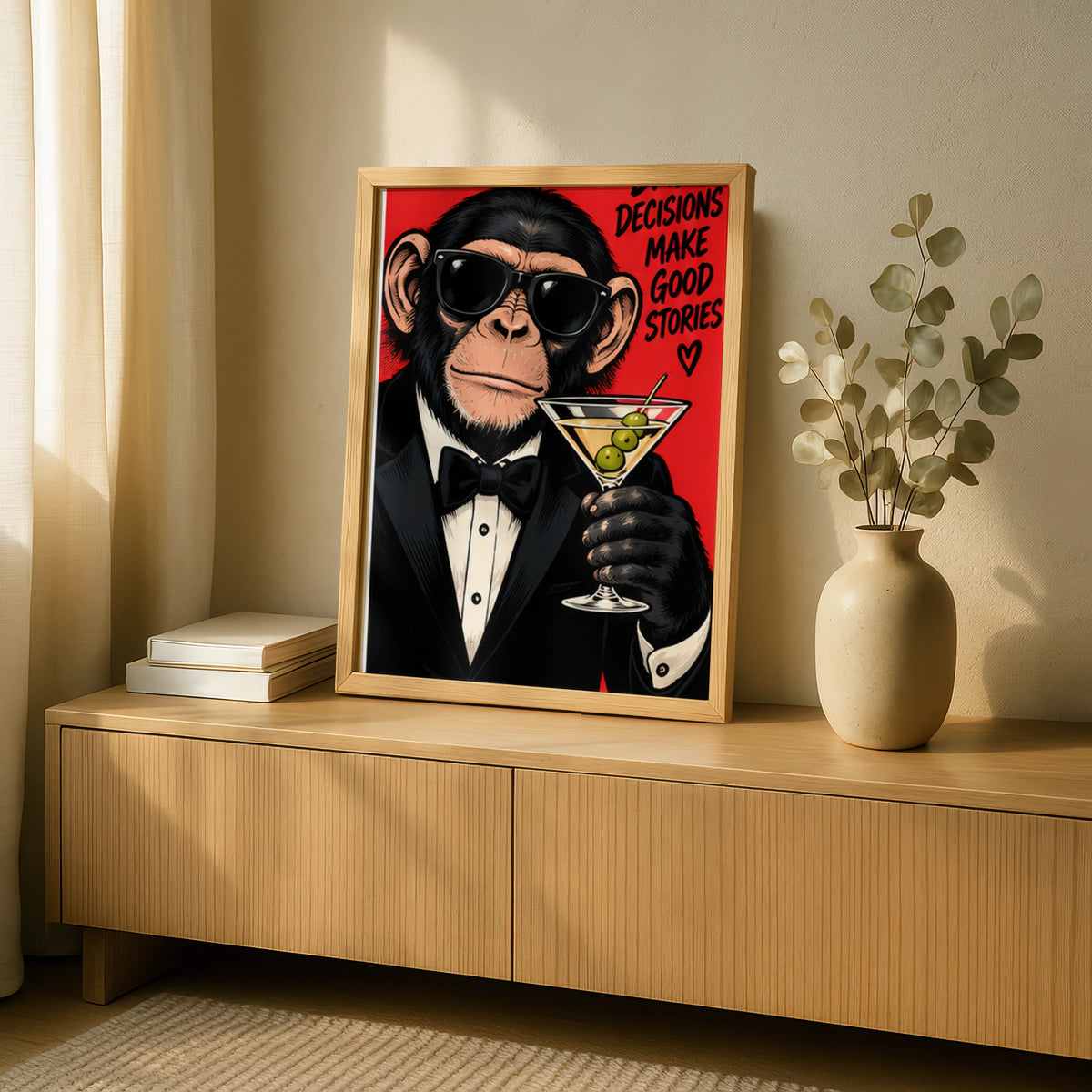 Bad Decisions Make Good Stories Funny Monkey Poster, Chimp Martini Wall Art