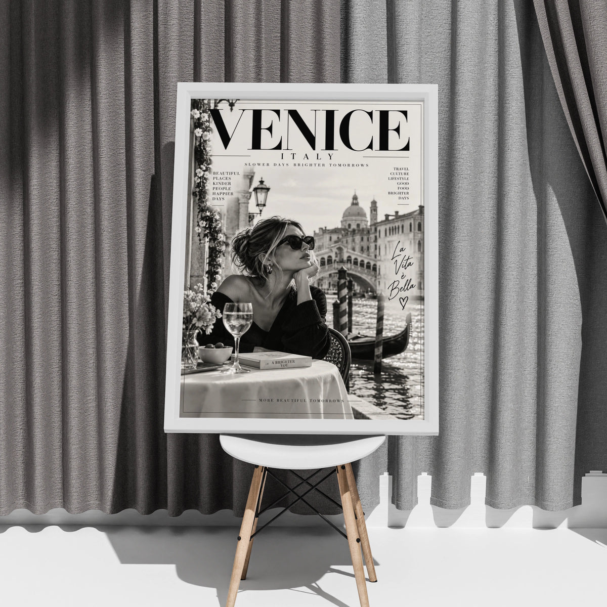 Venice Italy Magazine Cover Poster, La Vita e Bella, Black White Travel Wall Art Print