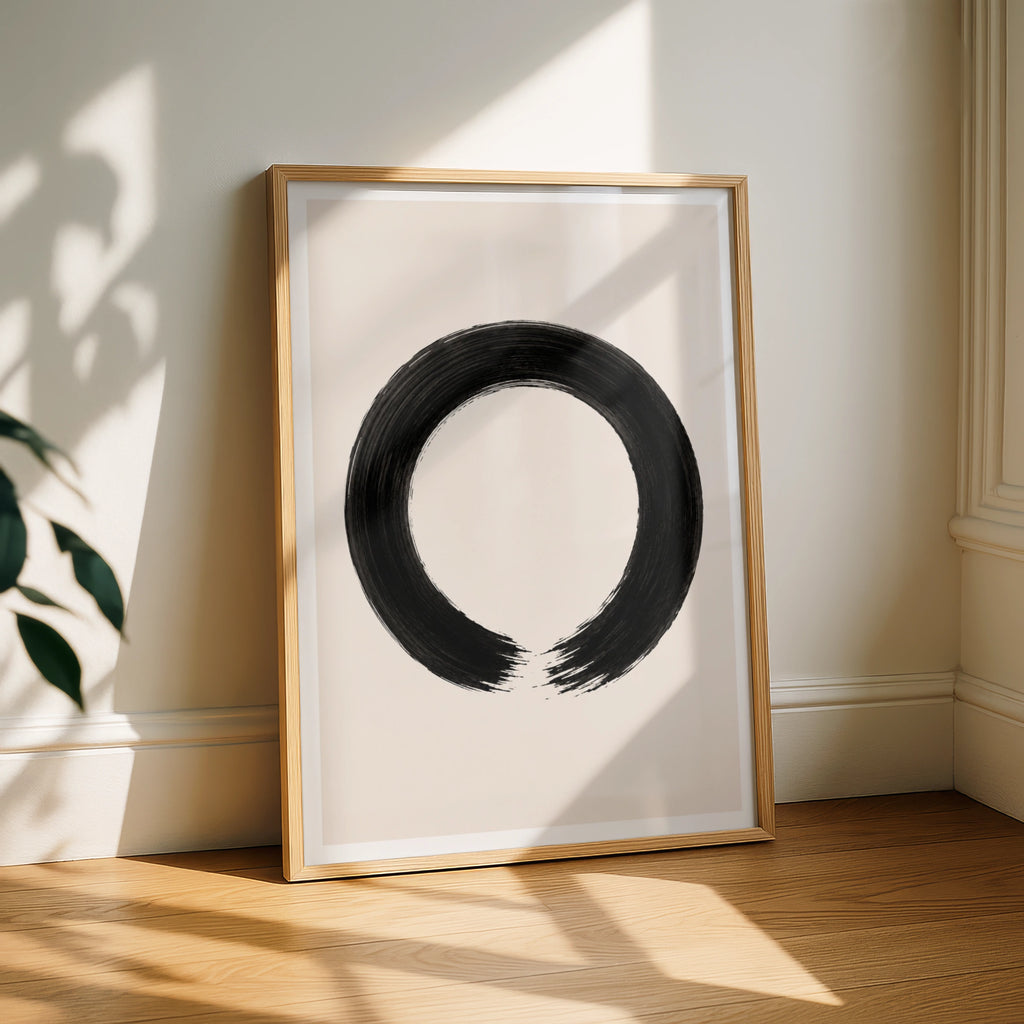 Enso Circle Poster, Zen Brush Stroke Wall Art, Black Cream Minimalist Print