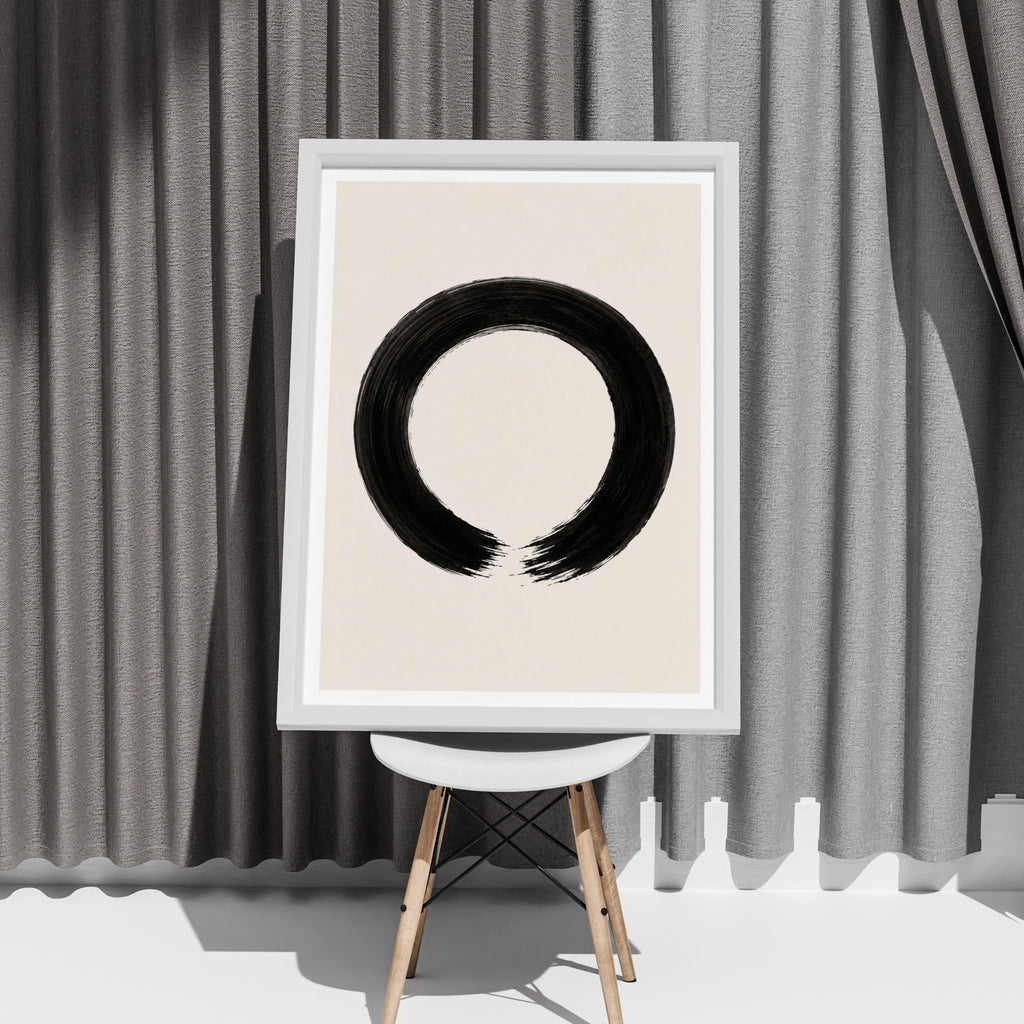Enso Circle Poster, Zen Brush Stroke Wall Art, Black Cream Minimalist Print