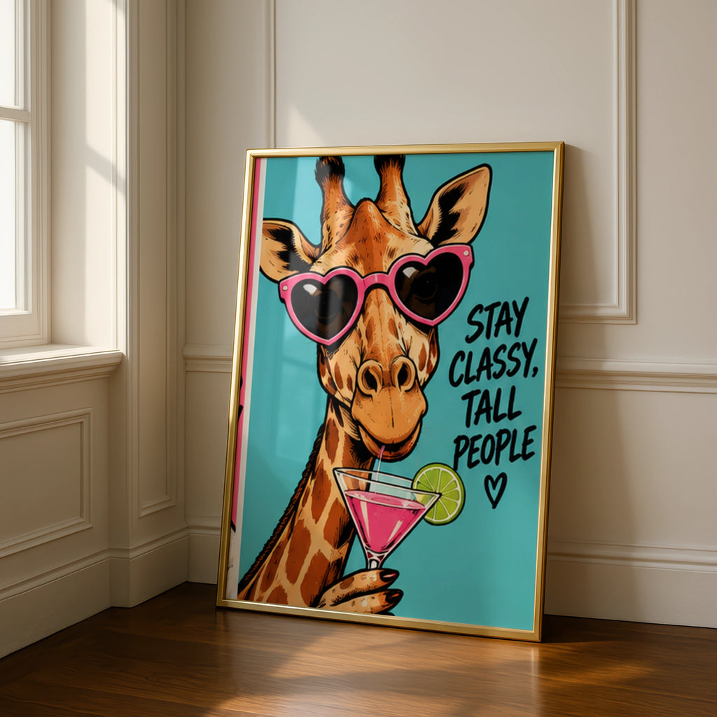 Stay Classy Tall People Giraffe Poster, Funny Animal Wall Art, Pink Cocktail Print