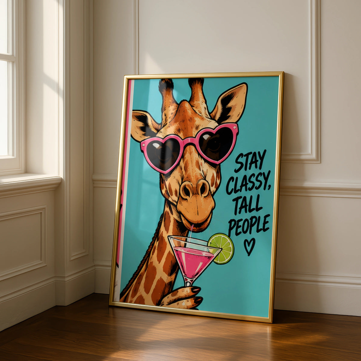 Stay Classy Tall People Giraffe Poster, Funny Animal Wall Art, Pink Cocktail Print