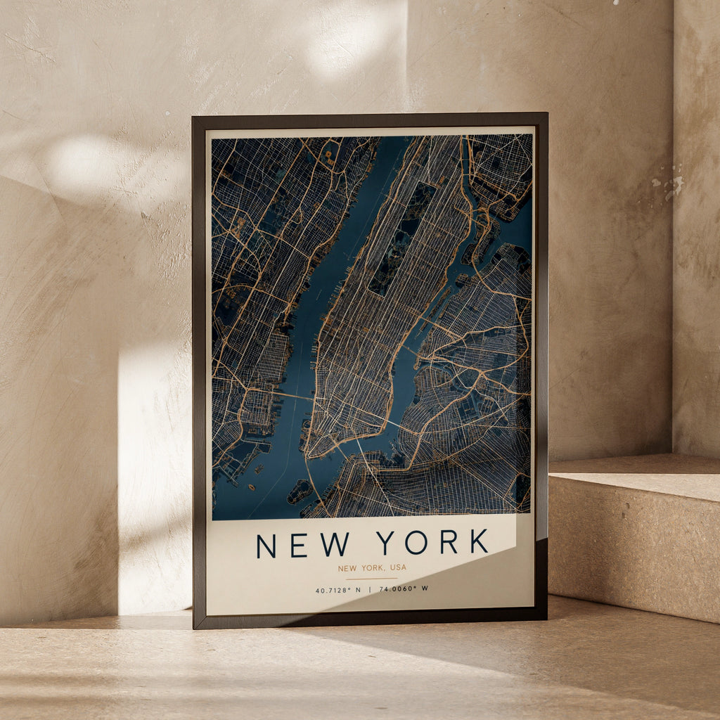 New York City Map Poster, Navy Blue Gold Manhattan Street Map, NYC Wall Art Print