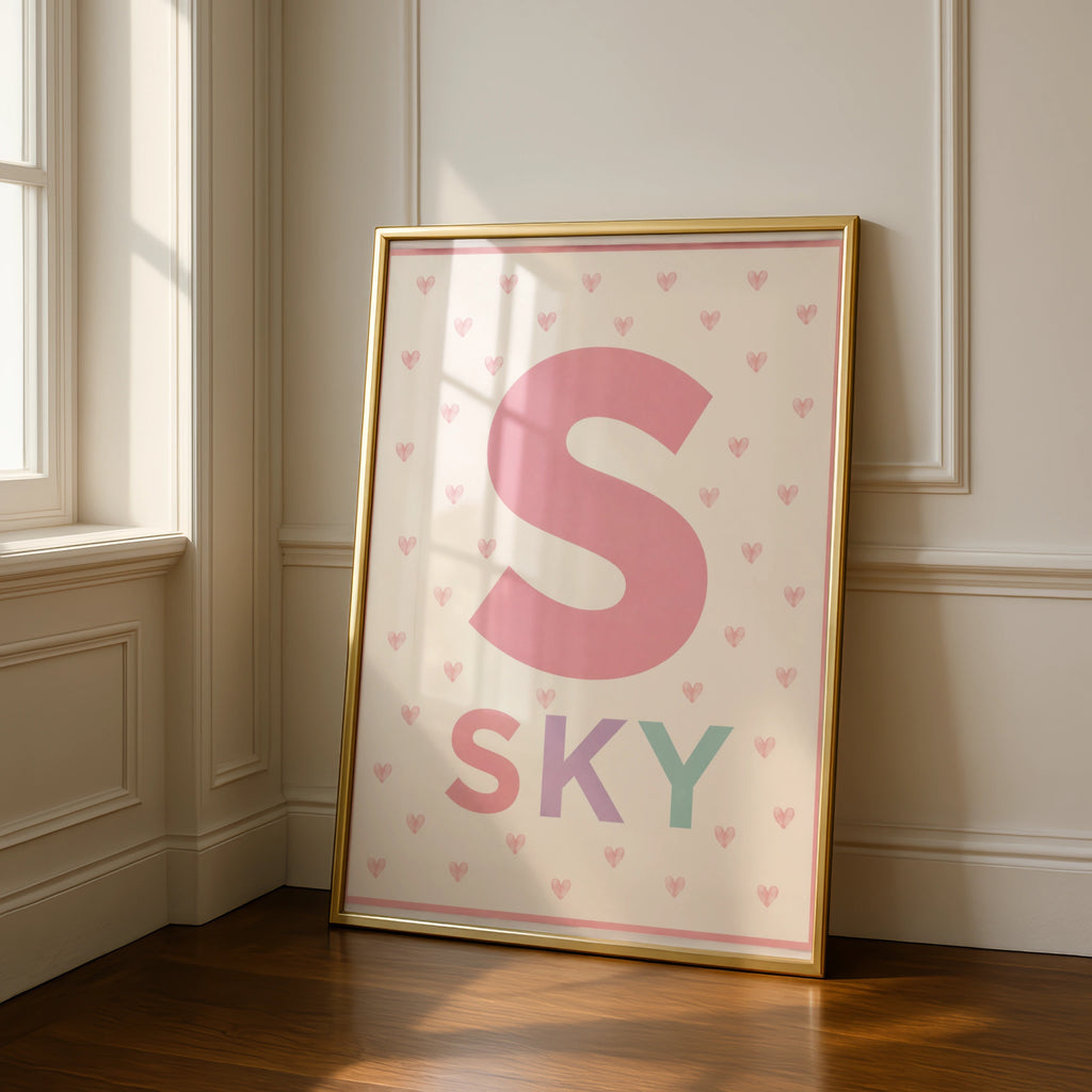 Personalized Name Print, Letter  Poster, Girls Nursery Wall Art, Pink Heart Personalised Baby Gift