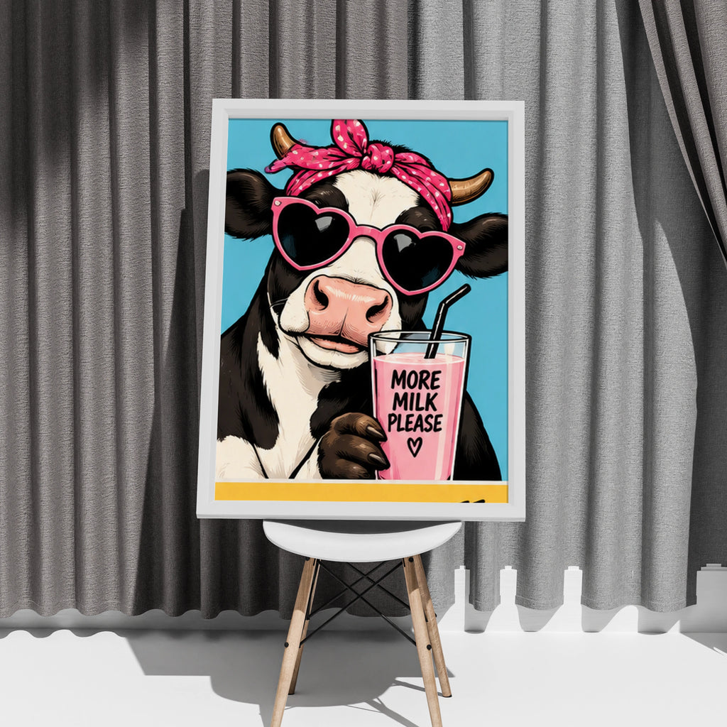 Funny Cow Poster, More Milk Please Print, Cute Kitchen Wall Art, Pop Art Decor