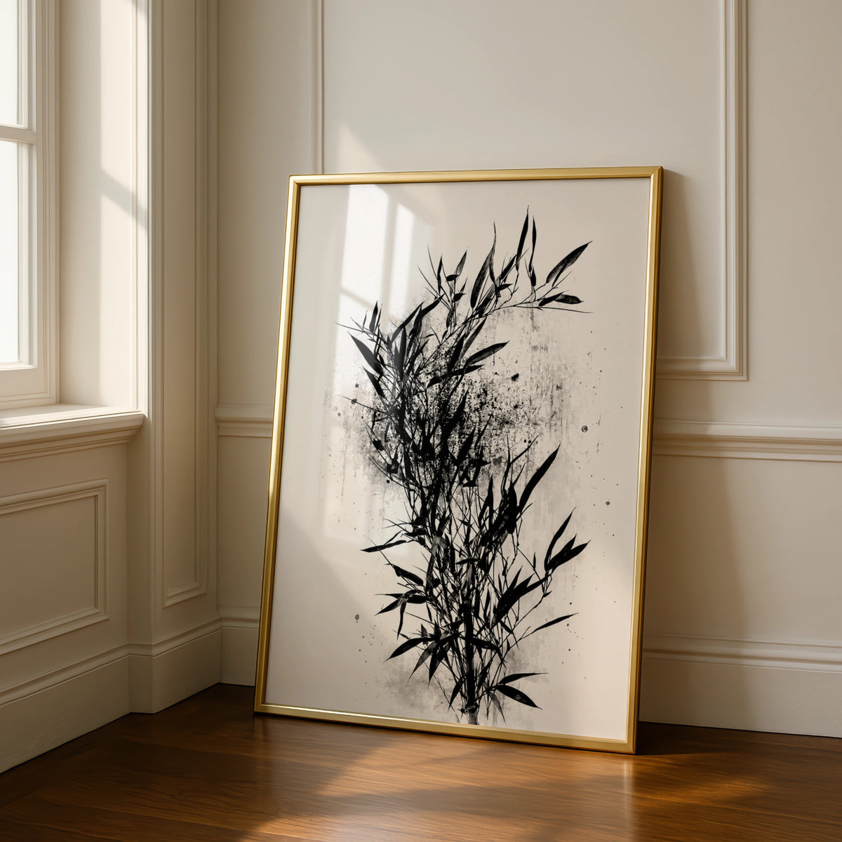Bamboo Ink Wash Poster, Black White Japanese Botanical Wall Art Print, Zen Decor